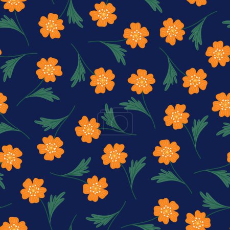 Illustration for Seamless pattern of orange flowers with green leaves on a dark background. Summer floral vector illustration. Wildflower fabric, spring meadow botanical print - Royalty Free Image