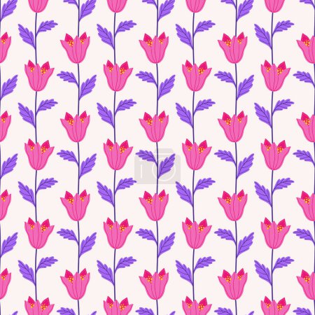 Illustration for Pink field bells with violet leaves on a beige background, seamless pattern. Summer floral vector illustration. Spring meadow botanical print, wildflower wallpaper, fabric. Modern style design - Royalty Free Image