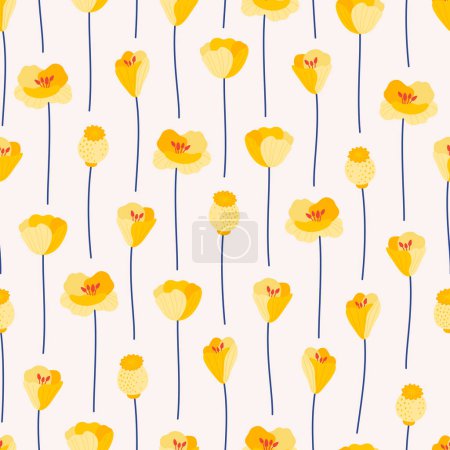 Illustration for Yellow poppy on a beige background, seamless pattern. Summer bright floral vector illustration. Spring meadow botanical print, wildflower fabric. Modern style design - Royalty Free Image