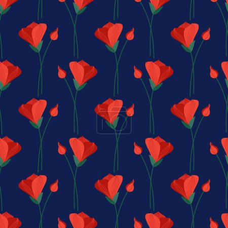Ilustración de Patrón sin costuras con flores rojas de la alstroemeria sobre un fondo azul. Ilustración vectorial floral de verano. Impresión botánica de primavera brillante, diseño de estilo moderno - Imagen libre de derechos