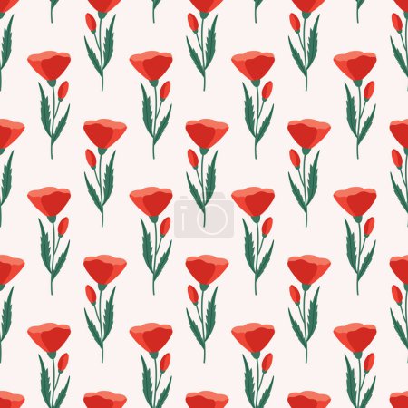 Illustration for Red poppies with green leaves on a beige background, seamless pattern. Summer floral vector illustration. Spring meadow botanical print, wildflower wallpaper, fabric. Modern style design - Royalty Free Image