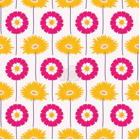 Illustration for Seamless pattern with gerbera and zinnia flowers on a beige background. Summer bright floral vector illustration. Spring botanical print, modern style design - Royalty Free Image