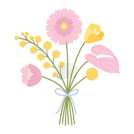 Bouquet mit Anthurium, Gerbera, Mohn, Wildblumen und Kräutern. Florale Komposition mit Band gebunden. Zarte Blumen und wilde Wiesenpflanzen für Designprojekte, Vektorillustration
