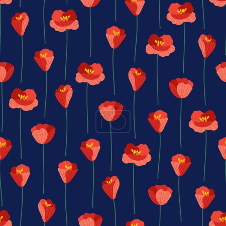 Illustration for Wild red poppies on a dark blue background, seamless pattern. Summer bright floral vector illustration. Spring meadow botanical print, wildflower fabric. Modern style design - Royalty Free Image