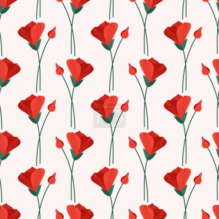 Illustration for Seamless pattern with red alstroemeria flowers on a beige background. Summer floral vector illustration. Bright spring botanical print, modern style design - Royalty Free Image