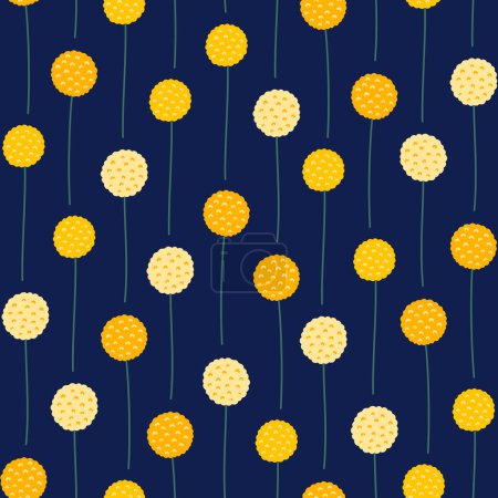 Illustration for Yellow blooming herbs on a dark blue background, seamless pattern. Summer bright floral vector illustration. Spring meadow botanical print, wild round shape plants - Royalty Free Image