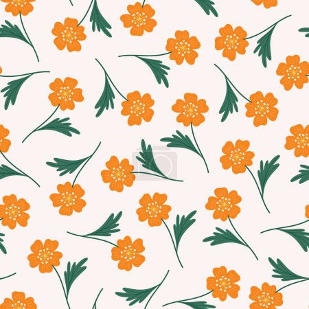 Illustration for Seamless pattern of orange flowers with green leaves on a beige background. Summer floral vector illustration. Wildflower fabric, spring meadow botanical print - Royalty Free Image