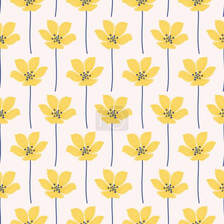 Ilustración de Flores amarillas de alstroemeria sobre fondo beige, patrón sin costuras. Verano brillante ilustración vector floral. Tejido botánico, estampado de pradera de primavera - Imagen libre de derechos