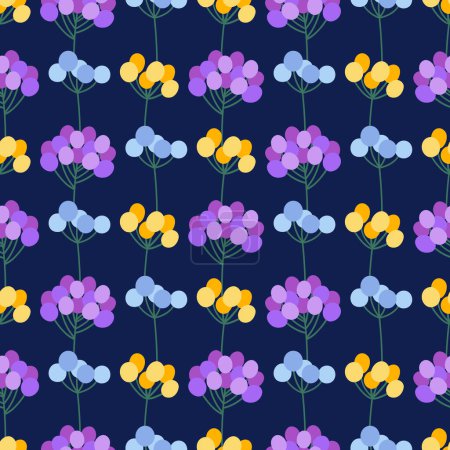 Illustration for Colorful blooming herbs on a dark blue background, seamless pattern. Meadow botanical print, abstract wild plants. Summer bright floral vector illustration - Royalty Free Image