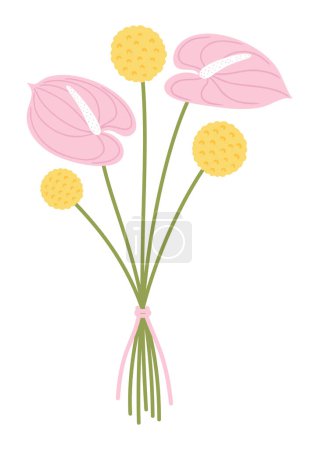 Bouquet with pink anthurium flowers and yellow wildflowers craspedia. Floral composition tied with ribbon. Delicate wild meadow plants for design projects, vector illustration