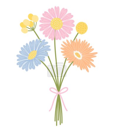Illustration for Bouquet with gerbera, aster, marguerite flowers, and herbs. Floral bunch tied with ribbon. Delicate flowers, and wild meadow plants for design projects, vector illustration - Royalty Free Image