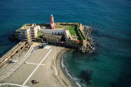 Baia, Naples, Campania, Italy. Lighthouse beach from the terrace of the Aragonese castle.