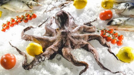 Foto de Pulpo fresco yace sobre hielo y limones, mariscos sobre hielo. - Imagen libre de derechos