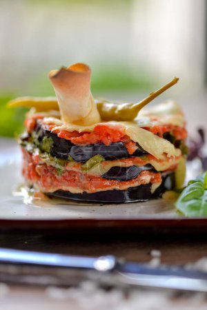 Téléchargez les photos : Plat d'aubergines géorgiennes aux tomates garni de piment vert chaud sur une assiette blanche close-up - en image libre de droit