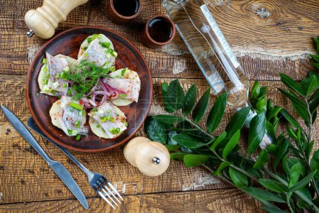 Téléchargez les photos : Filet de hareng sur pommes de terre avec oignons et légumes verts dans une assiette d'argile avec chacha - en image libre de droit