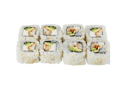 Foto de Rollos de sushi con aguacate y anguila aislados fondo blanco - Imagen libre de derechos