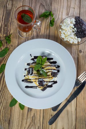 Photo for Delicious  pancakes with cottage cheese  and blueberries jam - Royalty Free Image