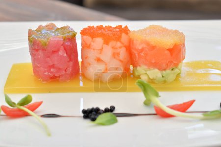 Photo for Different types of  Fresh fish   tartare on the plate - Royalty Free Image