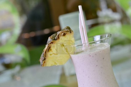Photo for Fresh tasty pineapple smoothie on background - Royalty Free Image
