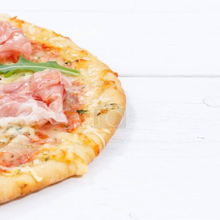 Photo for Ham pizza prosciutto copyspace copy space square on wooden board wood - Royalty Free Image