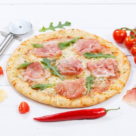 Photo for Ham pizza prosciutto square baking ingredients on wooden board wood - Royalty Free Image