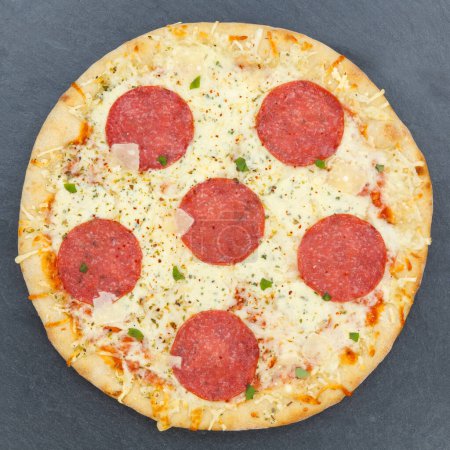 Foto de Pizza salami from above square on a slate squared - Imagen libre de derechos