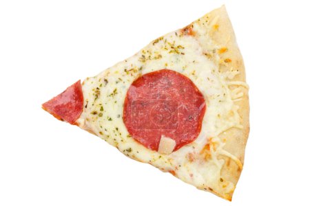Photo for Salami pizza slice from above isolated on a white background - Royalty Free Image
