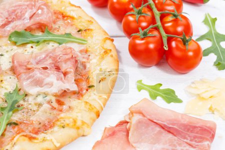 Photo for Ham pizza prosciutto close up baking ingredients on wooden board wood - Royalty Free Image