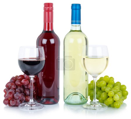 Téléchargez les photos : Wines wine tasting collection red white alcohol grapes isolated on a white background - en image libre de droit