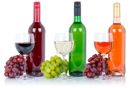 Téléchargez les photos : Wine wines collection bottle glass alcohol beverage grapes isolated on a white background - en image libre de droit