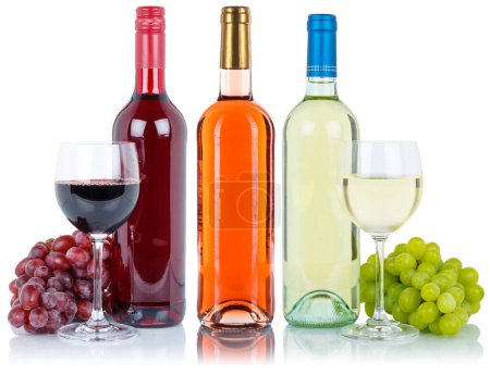 Foto de Wine tasting bottle red and white rose grapes isolated on a white background - Imagen libre de derechos