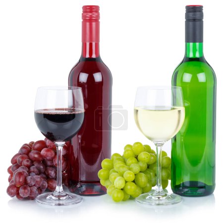 Foto de Wines wine tasting collection bottle red white green alcohol grapes isolated on a white background - Imagen libre de derechos