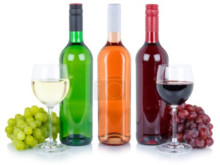 Téléchargez les photos : Wine tasting wines red white rose alcohol grapes isolated on a white background - en image libre de droit