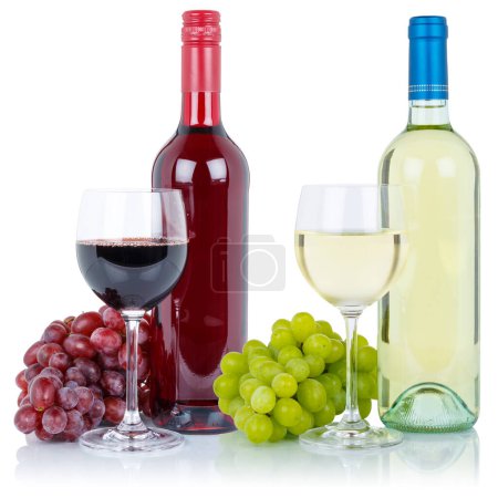 Foto de Wine tasting wines bottle glass alcohol beverage grapes square isolated on a white background - Imagen libre de derechos