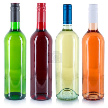Téléchargez les photos : Collection of wine bottle white red rose green alcohol drink isolated on a white background - en image libre de droit