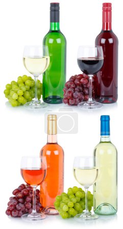 Photo for Wines wine tasting collection collage bottle alcohol grapes isolated on a white background - Royalty Free Image