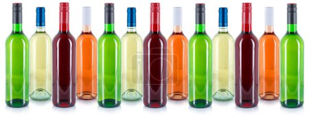 Photo for Wine bottles collection in a row alcohol drink banner white - Royalty Free Image