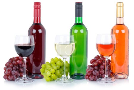 Téléchargez les photos : Wines wine tasting collection bottle red white rose green alcohol grapes isolated on a white background - en image libre de droit