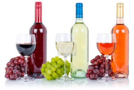 Foto de Wine wines group of bottle glass alcohol beverage grapes isolated on a white background - Imagen libre de derechos