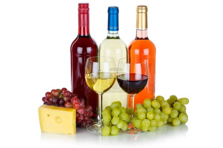 Téléchargez les photos : Wine rose red white cheese wines grapes alcohol isolated on a white background - en image libre de droit