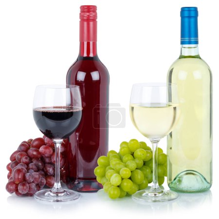 Téléchargez les photos : Wines wine tasting collection bottle red white alcohol grapes isolated on a white background - en image libre de droit