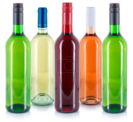 Foto de Wine bottles collection in a row white red rose green alcohol drink white - Imagen libre de derechos