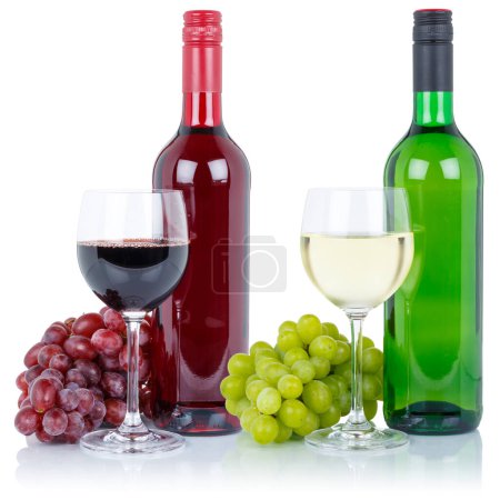 Foto de Wine wines bottle glass alcohol beverage grapes square isolated on a white background - Imagen libre de derechos