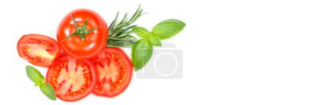 Photo for Tomatoes tomatos vegetables with basil from above copyspace copy space banner isolated on a white background - Royalty Free Image