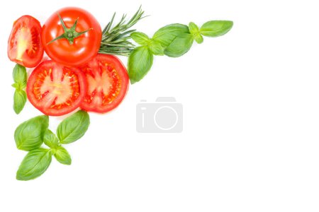 Photo for Tomatoes tomatos vegetables with basil from above copyspace copy space isolated on a white background - Royalty Free Image