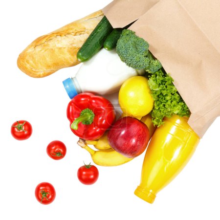 Foto de Purchase food purchases fruits and vegetables square from above paper bag isolated on a white background - Imagen libre de derechos