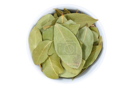 Photo for Bay leaf leaves spice herb from above bowl isolated on a white background - Royalty Free Image