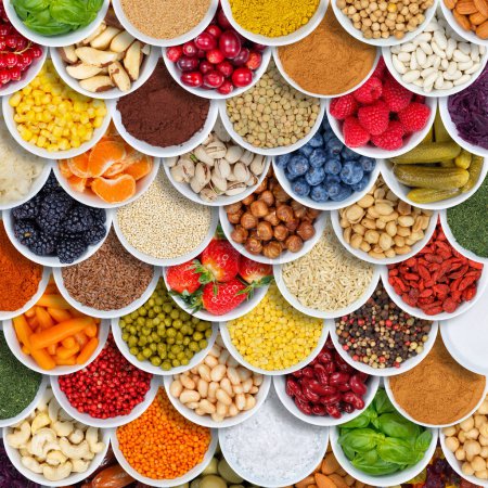Photo for Fruits and vegetables food background spices ingredients square berries from above fruit - Royalty Free Image