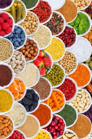 Photo for Fruits and vegetables food background spices ingredients portrait format berries from above fruit - Royalty Free Image