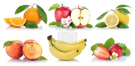 Foto de Fruits collection fresh oranges apple apples banana lemon strawberry isolated - Imagen libre de derechos
